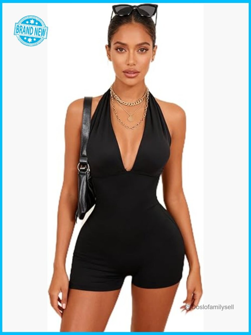 Halter Neck Romper Sleeveless Deep V-Neck Backless Tie Detail Bodycon Shorts